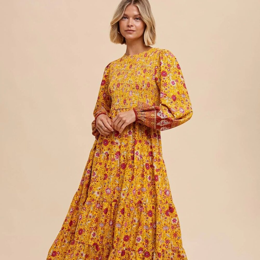 Pinkblush Gold Floral Smocked Tiered Maxi Dress - Small